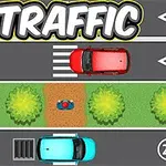 Rødt og blått kjøretøy på veier med grønt område og trær i midten, samt teksten TRAFFIC øverst
