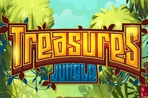 Fargerik skrift av ordene Treasures Jungle med jungelbakteppe