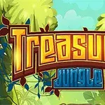 Fargerik skrift av ordene Treasures Jungle med jungelbakteppe