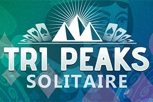 Trekantede fjellillustrasjoner med strålende bakgrunn, omgitt av kortsymboler og teksten TRI PEAKS SOLITAIRE
