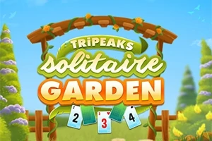 Fargerik illustrasjon av en hageport med teksten TriPeaks Solitaire Garden og spillkort foran