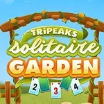 Fargerik illustrasjon av en hageport med teksten TriPeaks Solitaire Garden og spillkort foran