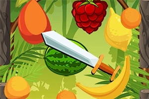 Mange forskjellige typer frukt, blant annet en vannmelon, bringebær, banan og mango, er illustrert med et sverd i midten