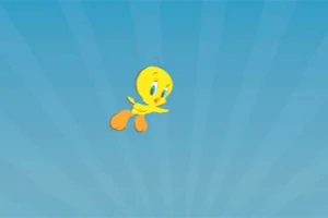 En gul animert fugl med oransje føtter på en blå stråleformet bakgrunn