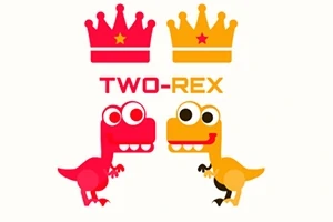 To tegneserie-dinosaurer, en rød og en oransje, med kroner over hodene sine og teksten TWO-REX mellom dem