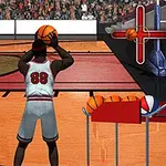 En basketballspiller i hvit drakt med nummer 88 kaster en ball mot en kurv på banen, med et digitalt sikteikon til høyre