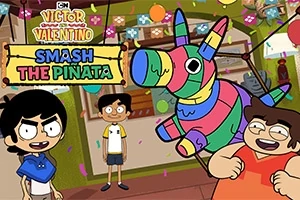 Tegneseriefigurer står i et fargerikt rom med ballonger og en flerfarget piñata