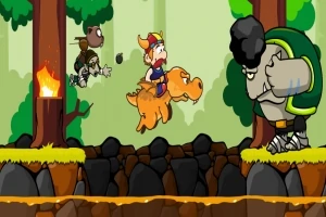 En tegneserieaktig scene med en viking som rir på en oransje drage, en fiende i rustning, og en forbipasserende skogsbakgrunn