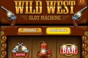Wild West-tema spilleautomat med revolvere, dynamitt, scatter-symboler og bar-ikon
