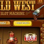 Wild West-tema spilleautomat med revolvere, dynamitt, scatter-symboler og bar-ikon