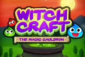 Fargerik illustrasjon med teksten Witch Craft: The Magic Cauldron over en magisk gryte, omgitt av små, fargerike ansikter og en bakgrunn med måne og landskap