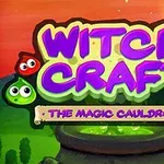 Fargerik illustrasjon med teksten Witch Craft: The Magic Cauldron over en magisk gryte, omgitt av små, fargerike ansikter og en bakgrunn med måne og landskap