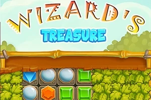 Et fargerikt puslespill med forskjellige geometriske former og farger plassert under teksten Wizards Treasure