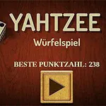 To terninger, teksten Würfelspiel og Beste Punktzahl: 238 på en brun bakgrunn med en stor spill-knapp