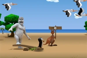 En animert hvit skapning, en pingvin og en kenguru står på en tropisk strand med fugler som flyr over dem
