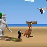 En animert hvit skapning, en pingvin og en kenguru står på en tropisk strand med fugler som flyr over dem