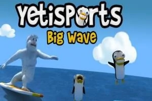 En yeti surfer på en bølge ved siden av to pingviner i luften, med teksten YetiSports Big Wave på himmelen