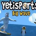 En yeti surfer på en bølge ved siden av to pingviner i luften, med teksten YetiSports Big Wave på himmelen