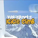 En animert yeti hopper i luften ved siden av store fjell, med en pingvin og en rød knapp i forgrunnen