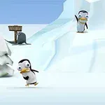 Pingviner og en yeti i et snødekt vinterlandskap med isbreer og trær
