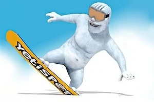 En hvit, lodden skapning står på et snowboard med navnet Yetisport skrevet på det, iført oransje briller mot en bakgrunn av hvit snø og blå himmel