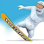 En hvit, lodden skapning står på et snowboard med navnet Yetisport skrevet på det, iført oransje briller mot en bakgrunn av hvit snø og blå himmel