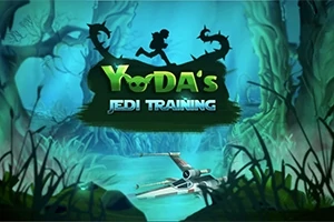 Silhuetten av en person som løper med lyssabel ved siden av teksten Yodas Jedi Training på en mystisk skogaktig bakgrunn med et romskip på bakken