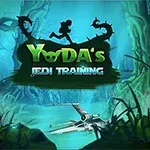 Silhuetten av en person som løper med lyssabel ved siden av teksten Yodas Jedi Training på en mystisk skogaktig bakgrunn med et romskip på bakken