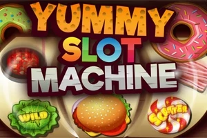 Fargerik tekst med ordene Yummy Slot Machine over symboler som smultringer, hamburger og sukkertøy