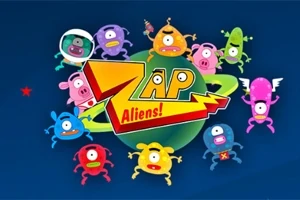 Fargerike, tegneserieaktige romvesener med én øye hver, omringer en grønn planet med teksten Zap Aliens!