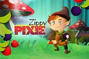 En fantasifigur med spisse ører og brunt hår står i en fargerik skog med store sopp og bær, med teksten Zippy Pixie i bakgrunnen