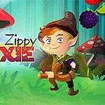 En fantasifigur med spisse ører og brunt hår står i en fargerik skog med store sopp og bær, med teksten Zippy Pixie i bakgrunnen