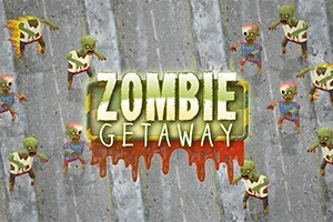 Tegneserieaktige zombier på en asfaltert bakgrunn med teksten Zombie Getaway i midten