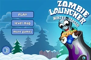 En tegneseriekanon holder en haug med små, søte gule objekter foran en snødekket bakgrunn med trær, og teksten Zombie Launcher Winter Season er synlig
