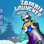 En tegneseriekanon holder en haug med små, søte gule objekter foran en snødekket bakgrunn med trær, og teksten Zombie Launcher Winter Season er synlig