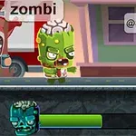 En tegneserieaktig scene med en grønnhudet, firkantet zombie som går på fortauet, omgitt av figurer med snakkebobler og en helseindikator nederst