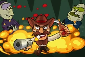 En animert cowboy med hatt og bart er omgitt av eksplosjoner mens han kjemper mot to zombier