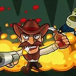 En animert cowboy med hatt og bart er omgitt av eksplosjoner mens han kjemper mot to zombier
