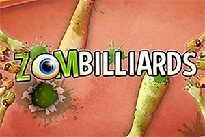 Fargerik illustrasjon med teksten Zombilliards omgitt av morsomme zombiearmer på en rosa bakgrunn