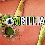 Fargerik illustrasjon med teksten Zombilliards omgitt av morsomme zombiearmer på en rosa bakgrunn